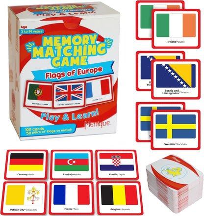 Menique Flags of the World Memory Matching Game – 100 Cards, 50 Countries & Capitals – World Flags Flash Cards for Kids & Adults – Color-Coded by Continent