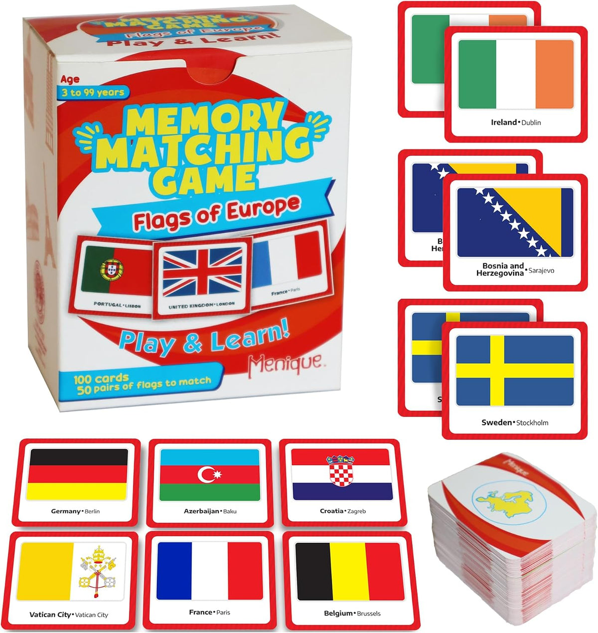 Menique Explore the World Memory Matching Game – Geography Game with 100 Photo Cards, 50 Countries, Flags & Landmarks – Travel Card Game with Educational Booklet, Ages 3+