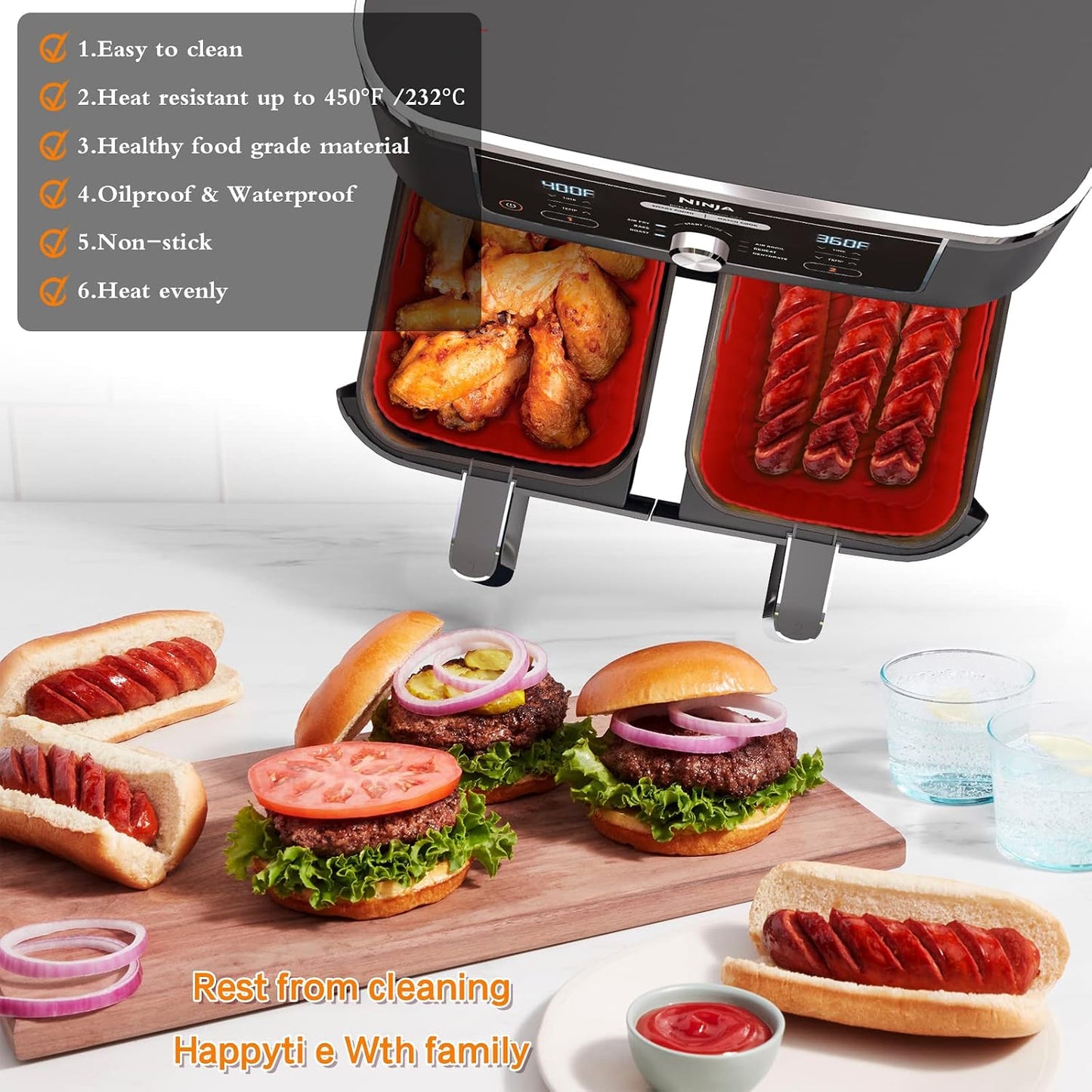 WMKGG Silicone Air Fryer Liners, 2PCS Air Fryer Silicone Liners | Reusable Rectangular Non-Stick Basket Accessories for Ninja Foodi Dual DZ201/DZ401 8-10QT