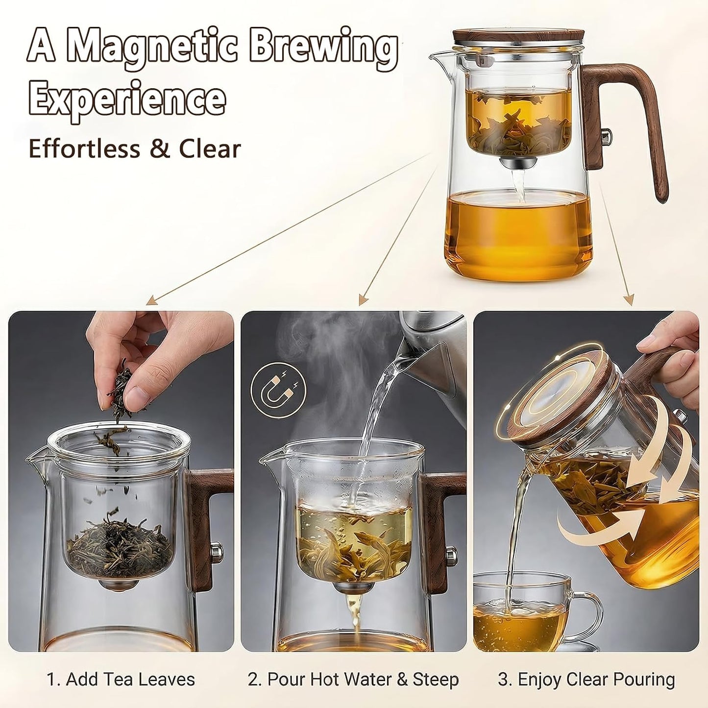 TeSabMi Magnetic Glass Teapot with Infuser, 27 oz, One-Touch Brewing | Heat-resistant borosilicate glass, detachable infuser and controlled tea separation for loose leaf, herbal and blooming tea