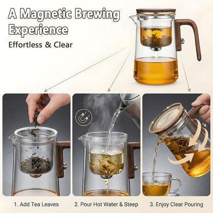 TeSabMi Magnetic Glass Teapot with Infuser, 27 oz, One-Touch Brewing | Heat-resistant borosilicate glass, detachable infuser and controlled tea separation for loose leaf, herbal and blooming tea