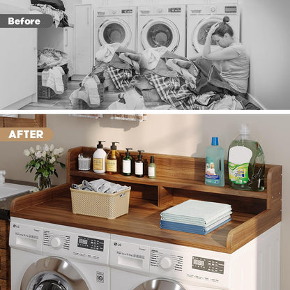 2-Tier Washer Dryer Countertop with 2.75" H Edge Rails, 54" W x 27.55" D Laundry Countertop for Folding Clothes, Washer and Dryer Topper with Non-Slip Pad (Dark Walnut)