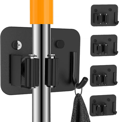 4 Pack Stainless Steel Mop and Broom Holder Wall Mount with Hook, Silver | Screw Drilling or Self Adhesive Storage Rack for Closet Laundry Garage Garden Tool Organizer