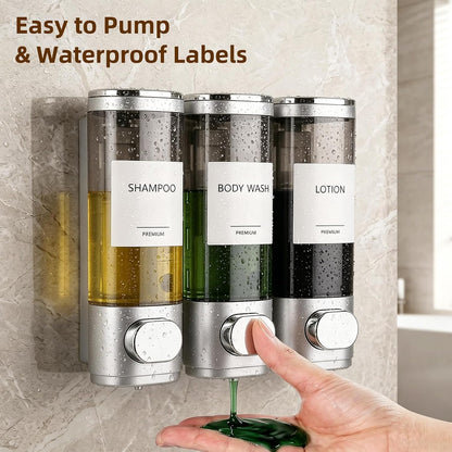 GMISUN Shower Soap Dispenser Wall Mounted with Razor Holder & Loofah Hook, No Drill Design Shampoo and Conditioner Dispenser, Plastic Shower Soap Dispenser Bottles with Labels Set of 3,Satin Silver