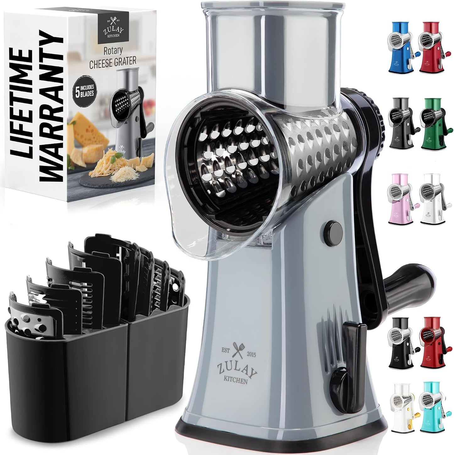 Zulay Kitchen Rotary Cheese Grater 5 Blade Cheese Shredder - Manual Hand Crank Cheese Grater With Reinforced Suction & 5 Interchangeable Drums - Easy to Use, Vegetable Chopper Round Mandoline Slicer - Colors A