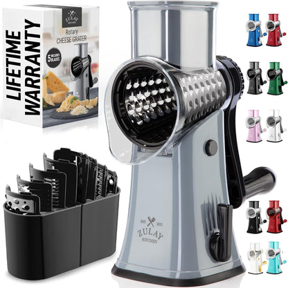 Zulay Kitchen Rotary Cheese Grater 5 Blade Cheese Shredder - Manual Hand Crank Cheese Grater With Reinforced Suction & 5 Interchangeable Drums - Easy to Use, Vegetable Chopper Round Mandoline Slicer - Colors A