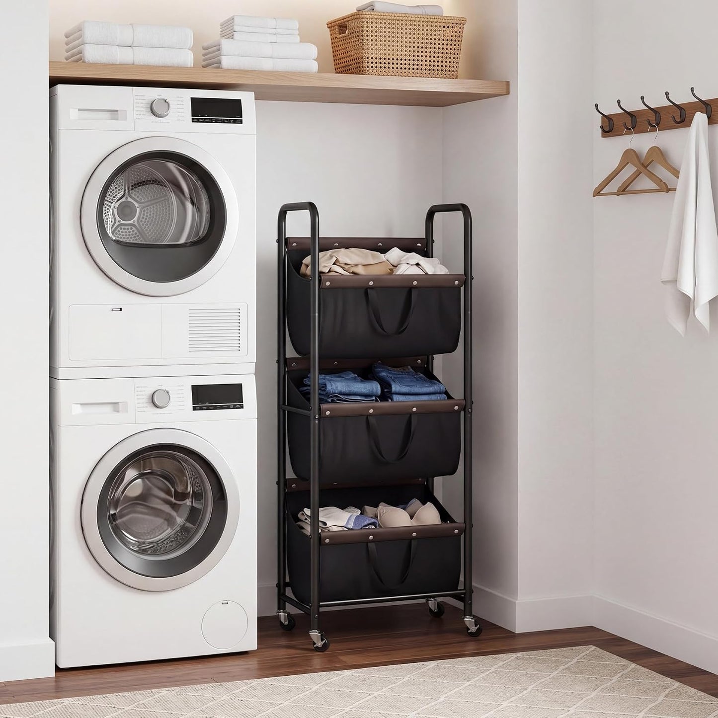 GRANNY SAYS 3 Tiered Laundry Sorter, Narrow Hamper Cart with Wheels | Sturdy 3 Section Laundry Basket with Wheels, Vertical Beige Hamper Cart for Bedroom, Bathroom, Apartment
