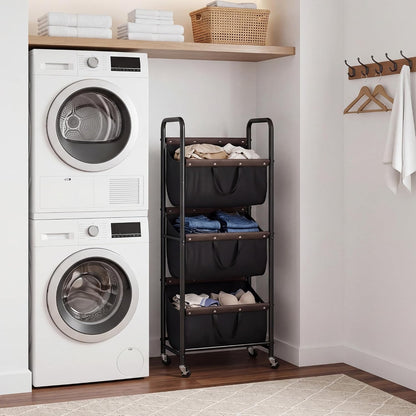 GRANNY SAYS 3 Tiered Laundry Sorter, Narrow Hamper Cart with Wheels | Sturdy 3 Section Laundry Basket with Wheels, Vertical Beige Hamper Cart for Bedroom, Bathroom, Apartment