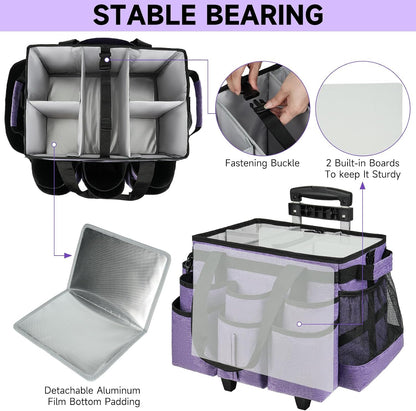 Large Rolling Cleaning Caddy Bag with Detachable Trolley,Cleaning Cart on Wheels with Shoulder Strap,Cleaning Supplies Organizer for Housekeepers,Purple
