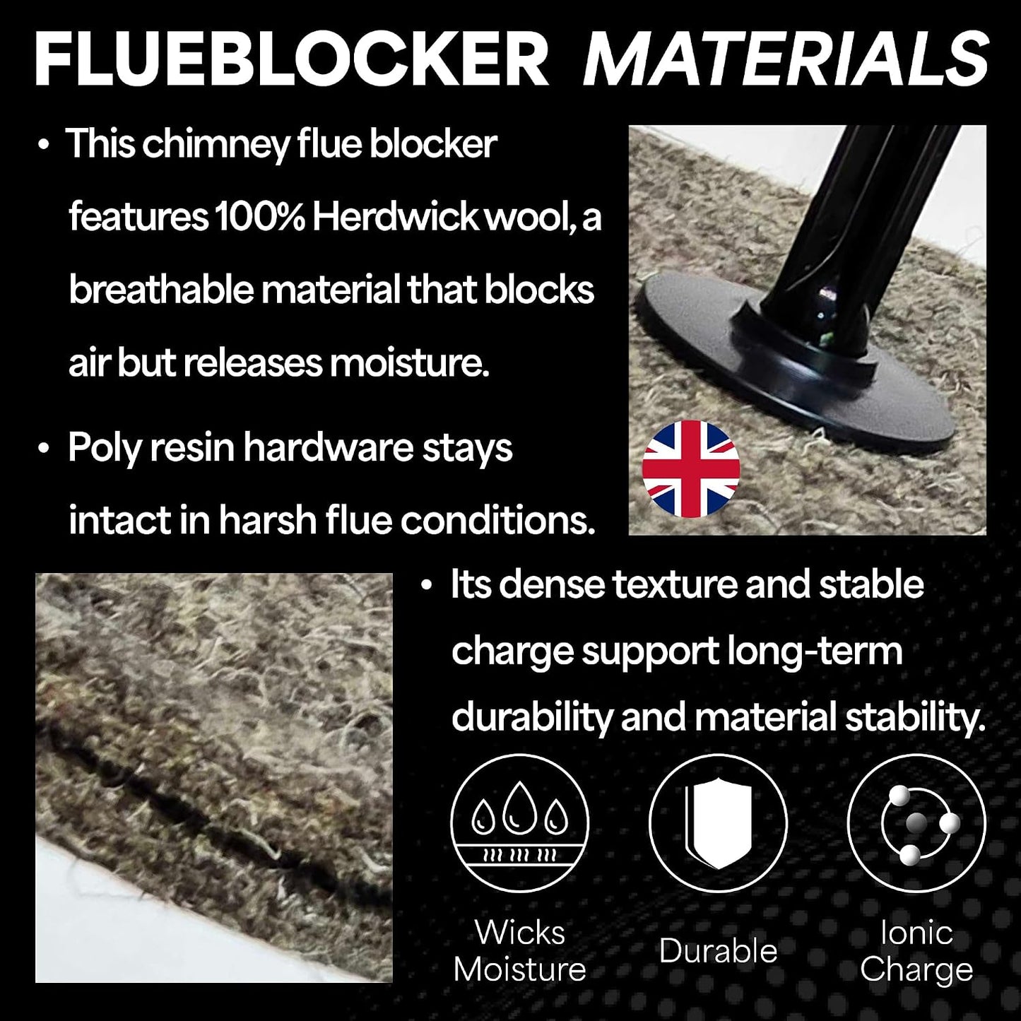 Plug for 5-6 Inch Round Chimney Flue - Fireplace Draft Stopper | 100% Herdwick Wool, Reusable, Balloon Alternative, Works Without Damper, Wood Stove Compatible, Made in England,