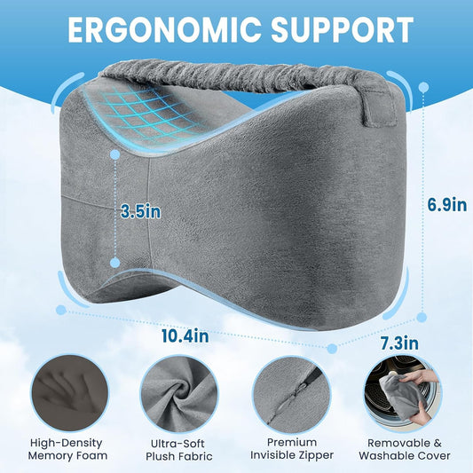 Memory Foam Knee Leg Pillow for Side Sleepers with Strap, Grey