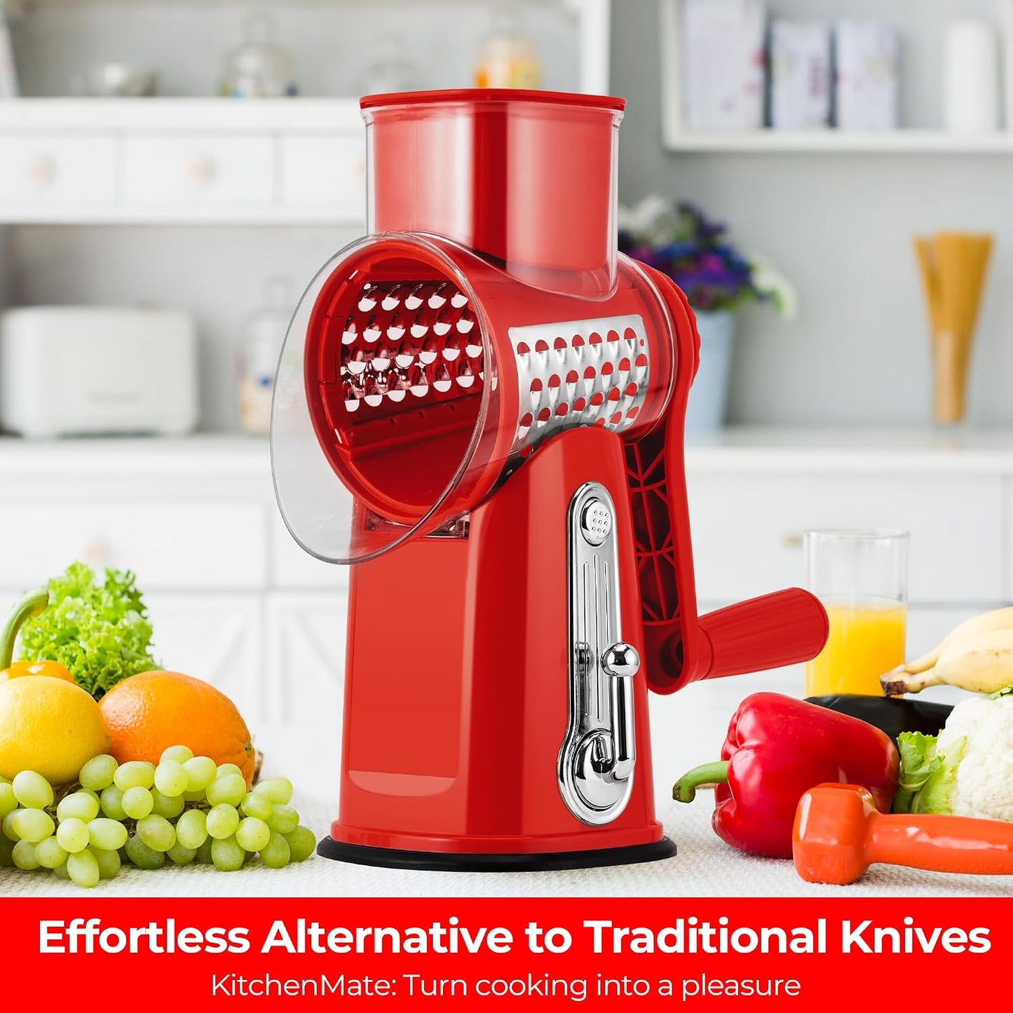 SUSTEAS Rotary Cheese Grater 5 Blades,Kitchen Mandoline Vegetable Slicer | White, Easy to Clean, Strong Suction Base, 5 Blades Storage Box, Round Mandoline Slicer & Food Chopper for Salad