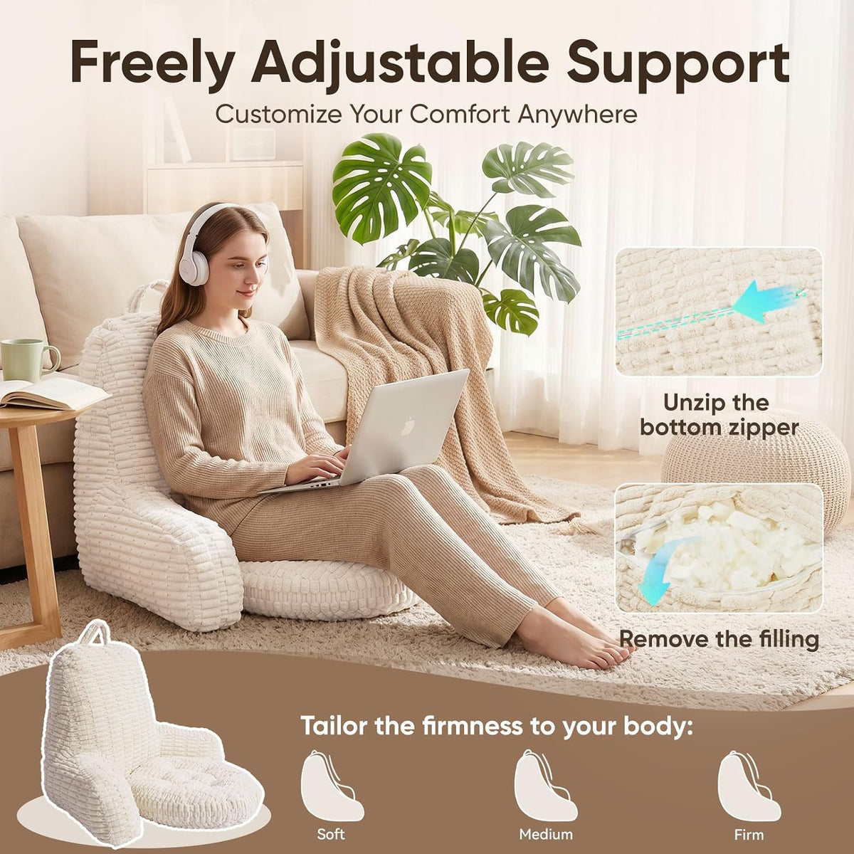 21" Higher Large Reading Pillow for Bed Adult, Back Pillow for Bed Sitting Up with Memory Foam Back Support with Arms Rest for Couch Chair Gray