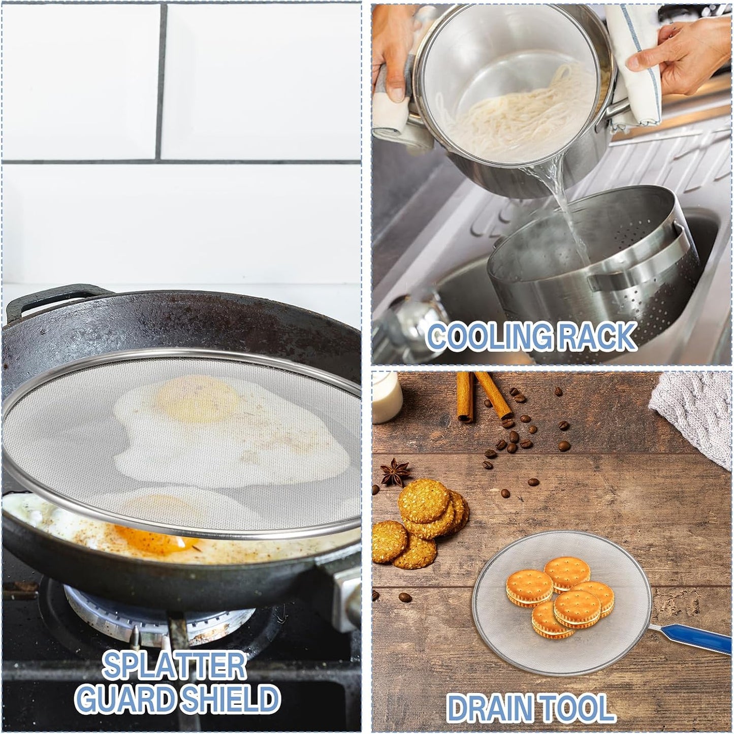 Splash Guard for Frying Pan, 8 Inch Stainless Steel Oil Splatter Pan | Splatter Guard with Nylon Brush Fine Mesh for Pan Cooking Supplies Shield from Splashing Oil