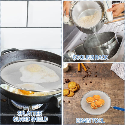 Splash Guard for Frying Pan, 8 Inch Stainless Steel Oil Splatter Pan | Splatter Guard with Nylon Brush Fine Mesh for Pan Cooking Supplies Shield from Splashing Oil