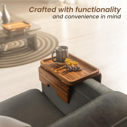 HOLANA 13.75" Acacia Sofa Arm Tray Table, Double Hinge, Natural Wood Color | Solid Acacia Wood, Spacious Surface, Clips Securely with Double-hinge Grip, Foldable & Portable, Multipurpose, No Assembly