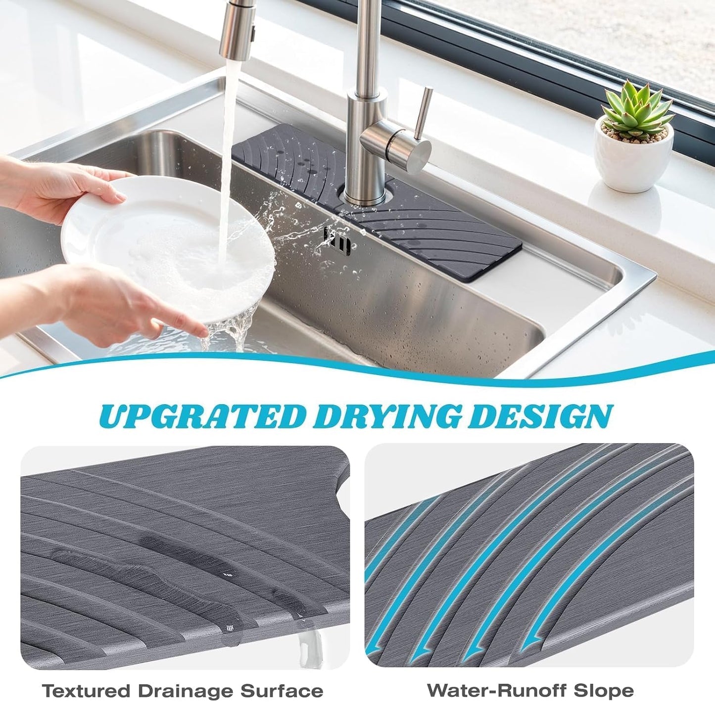 SpaceHacks Stone Faucet Mat for Kitchen Sink 23.7x4 in, Light Gray | Fast Drying Diatomite Stone Drying Mat, Water Splash Guard, Textured Drainage Sink Protector, Suits Bathroom&Kitchen Counter