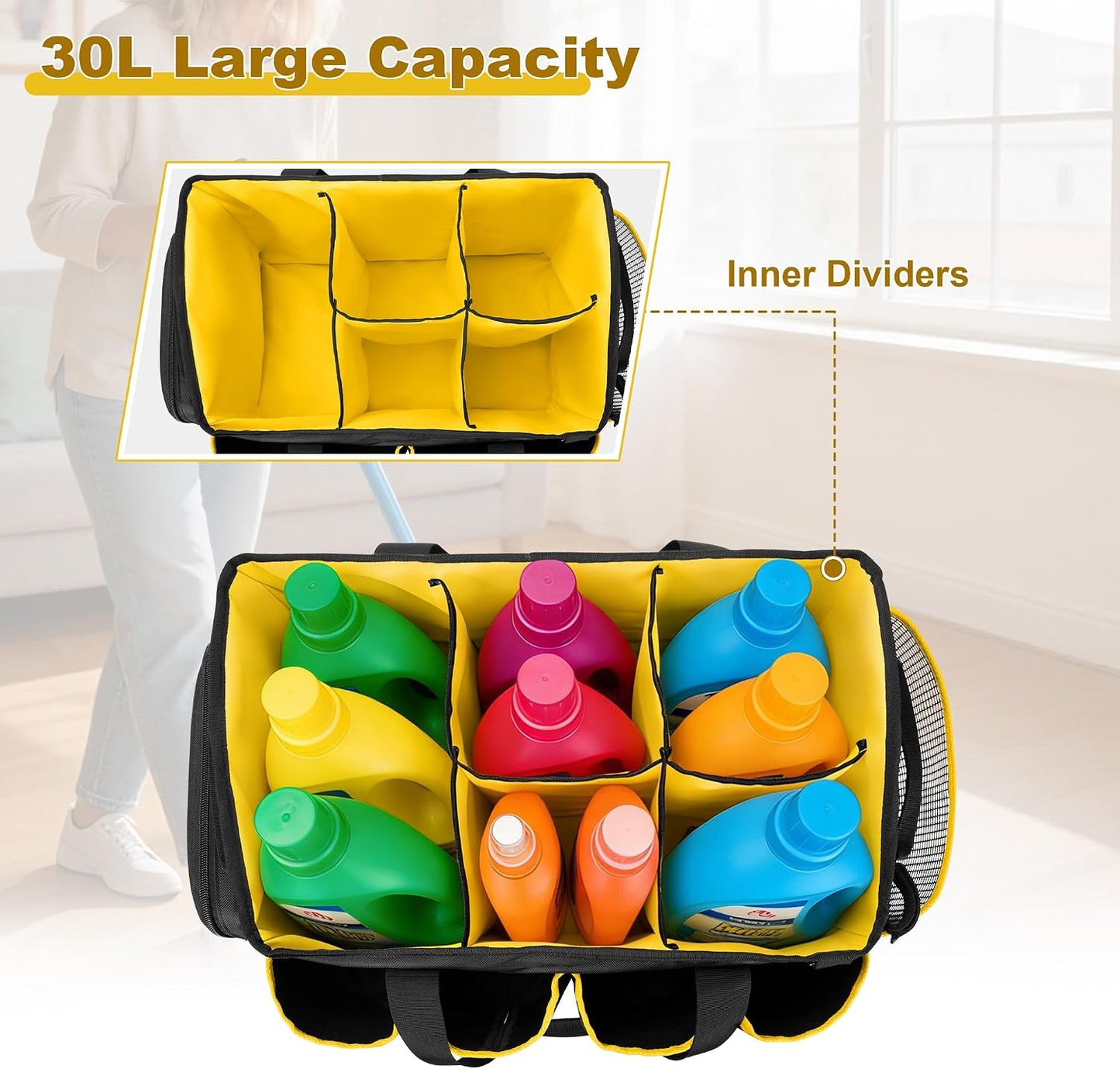 PGmoon Extra-Large Cleaning Caddy Organizer Bag with Handle | Cleaning Supply Tote Bag Built-in Support Boards for Car, Home, Housekeeping Work, Kitchen Cleaning Supplies