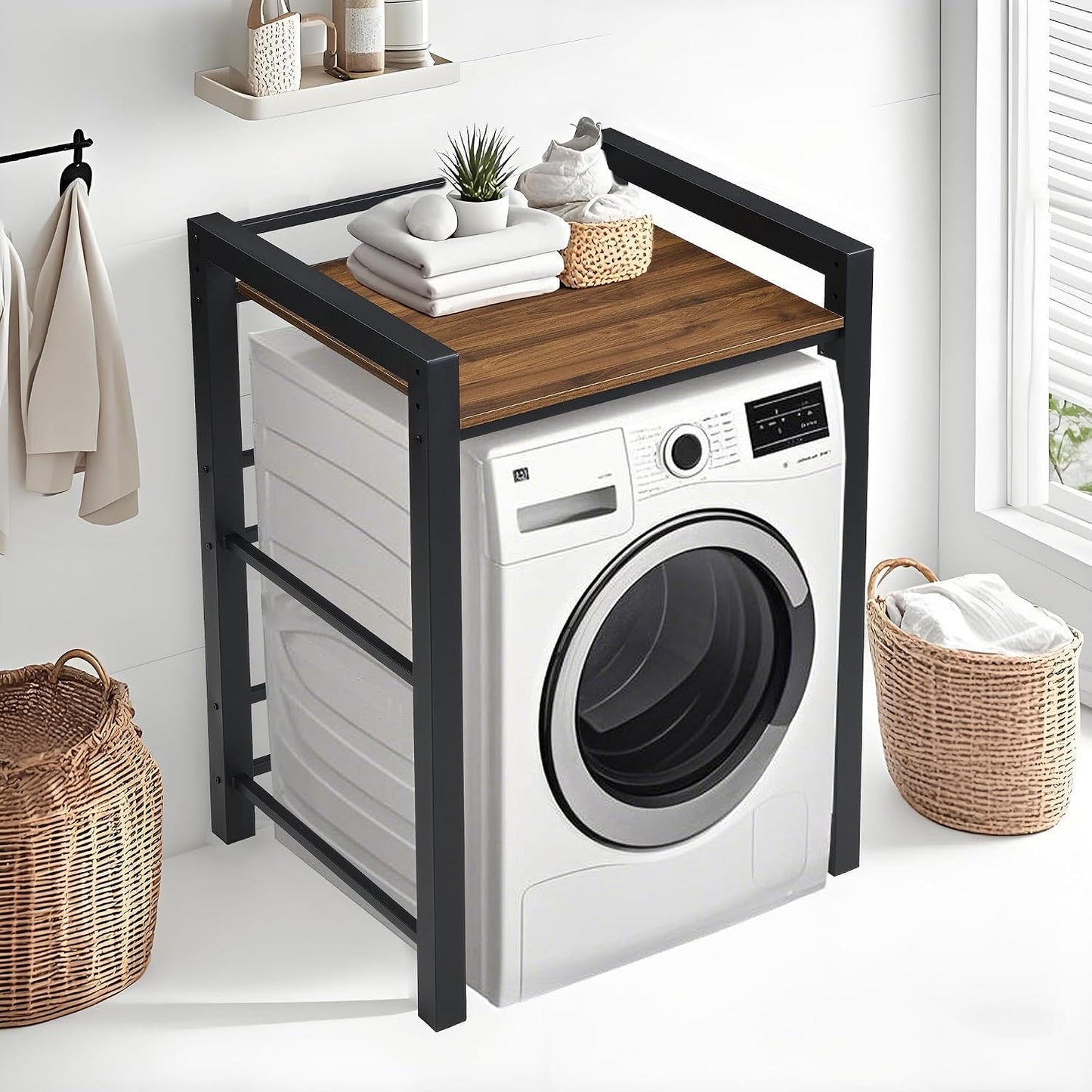 Washer Dryer Stacking Rack Stand, Heavy Duty Steel Standing Storage Shelf Washing Machine Shelf, Over The Washer and Dryer Shelves Space Saving, Load Capacity 300kg, for Bathroom Laundry Room (black)