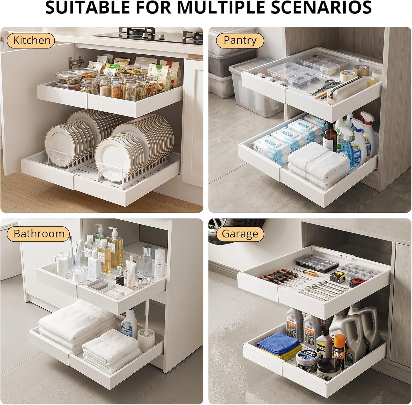 DOMNIU Pull Out Cabinet Organizers Expandable,White,16.9"Depth,2 Pack | Slide Out Drawers for Kitchen, Bathroom, Pantry, Under Sink Storage, Fixed with Adhesive Nano Film (11.6''-17.5'')