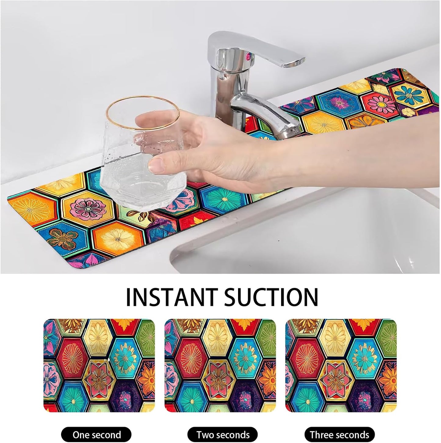 Bimkole 2 PCS Faucet Absorbent Mat, Kitchen Faucet Sink Splash Guard Wraparound Cloth Pads Drip Catcher for Sink Faucet for Kitchen Bathroom Faucet, Colorful Faucet Mat, 15 x 4 Inch Flower A6