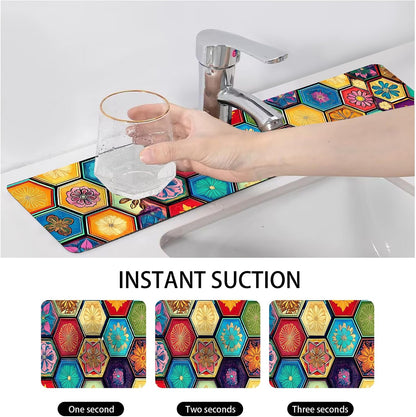 Bimkole 2 PCS Faucet Absorbent Mat, Kitchen Faucet Sink Splash Guard Wraparound Cloth Pads Drip Catcher for Sink Faucet for Kitchen Bathroom Faucet, Colorful Faucet Mat, 15 x 4 Inch Flower A6