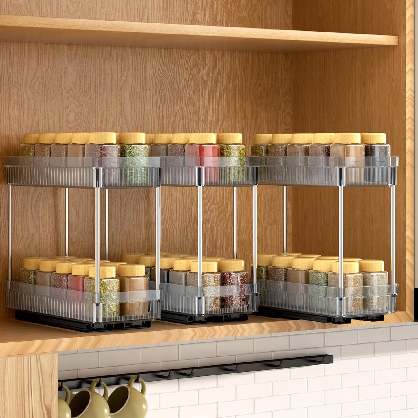 Pull Out Spice Rack Organizer for Cabinet, 3 Packs Slide Out Spice Racks Organizer, Spice Cabinet Organizers, Cabinet Size Need:12'' Highx11'' Deepx5'' Wide,Each Tier Hold 10 Spice Jar - 2 Tier, Black