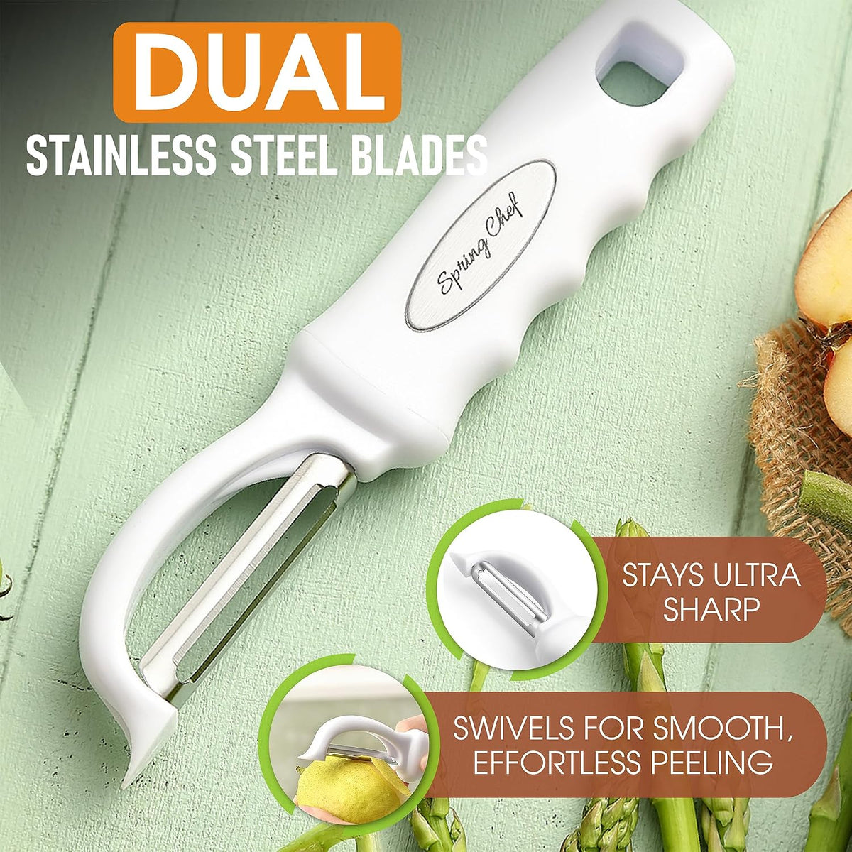 Spring Chef Swivel Potato Peeler for Kitchen with Ergonomic Handle, White