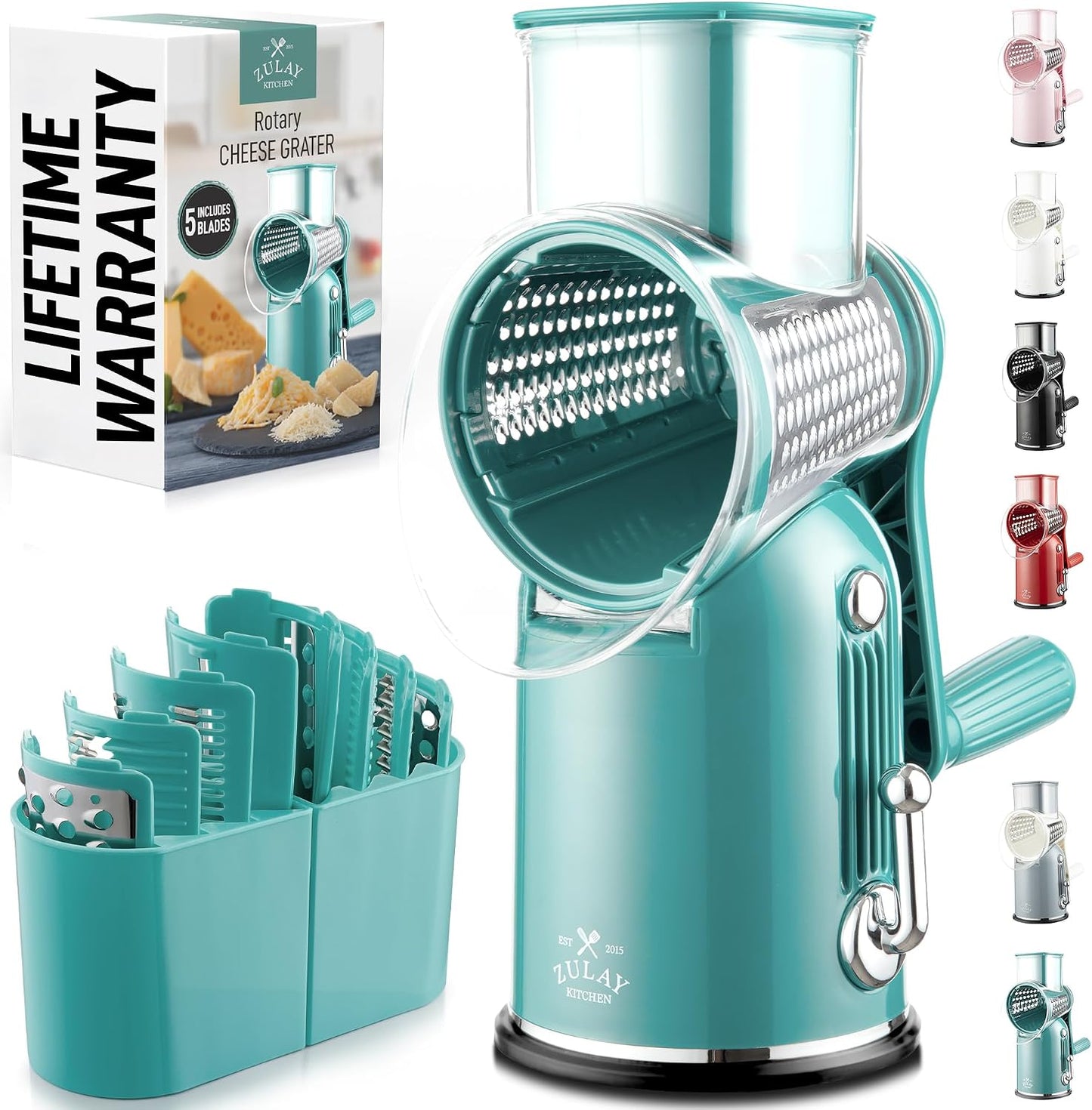 Zulay Kitchen Rotary Cheese Grater 5 Blade Cheese Shredder - Manual Hand Crank Cheese Grater With Reinforced Suction & 5 Interchangeable Drums - Easy to Use, Vegetable Chopper Round Mandoline Slicer - Colors B