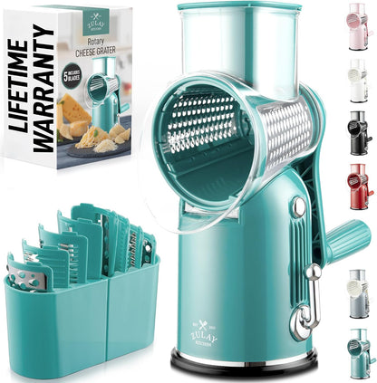 Zulay Kitchen Rotary Cheese Grater 5 Blade Cheese Shredder - Manual Hand Crank Cheese Grater With Reinforced Suction & 5 Interchangeable Drums - Easy to Use, Vegetable Chopper Round Mandoline Slicer - Colors B