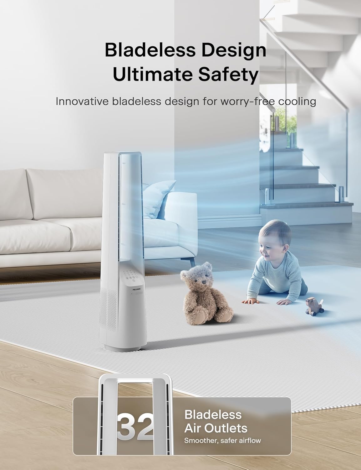 PELONIS 40" 90° Oscillation Bladeless Fan for Bedroom with Remote, White | Bladeless Cooling Tower Fan with 6 Speeds, 4 Modes, 26 ft/s, Brushless DC Motor, Quiet 22dB, 7-Hr Timer for Home, Office Use