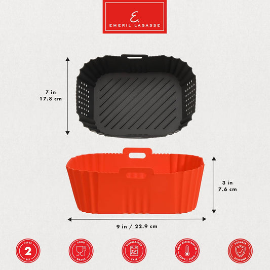 Reusable Silicone Air Fryer Liners for Emeril Lagasse Air Fryer Oven – Non-Stick Reusable Air Fryer Basket Liners – Dishwasher Safe – 9 x 7 x 3 Inch – 2 Pack – Black/Red