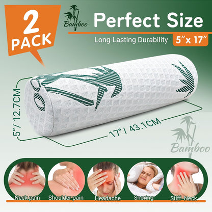 Asatdd Neck Roll Pillow, 2 Pack Foam Cervical Roll Pillow with Breathable Cover for Office Chair, Recliner Rest, and Home and Travel Use, 4" x 17"