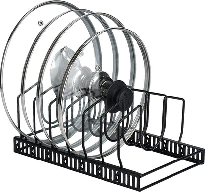 Toplife Pot Lids Organizer Rack for Cabinet and Countertop, 7+ Pan Lids and Bakeware Organizer Rack Holder with 7 Adjustable Compartments - Black