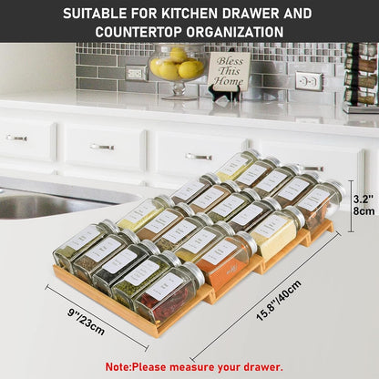 Spice Drawer Organzier,4 Tiers Bamboo Spice Rack Tray Insert for Cabinet Drawer Countertop, Kitchen Seasoning Storage Drawer Organization,14.57" Wide x 15.8" Deep （Hold UP To 32 Jars