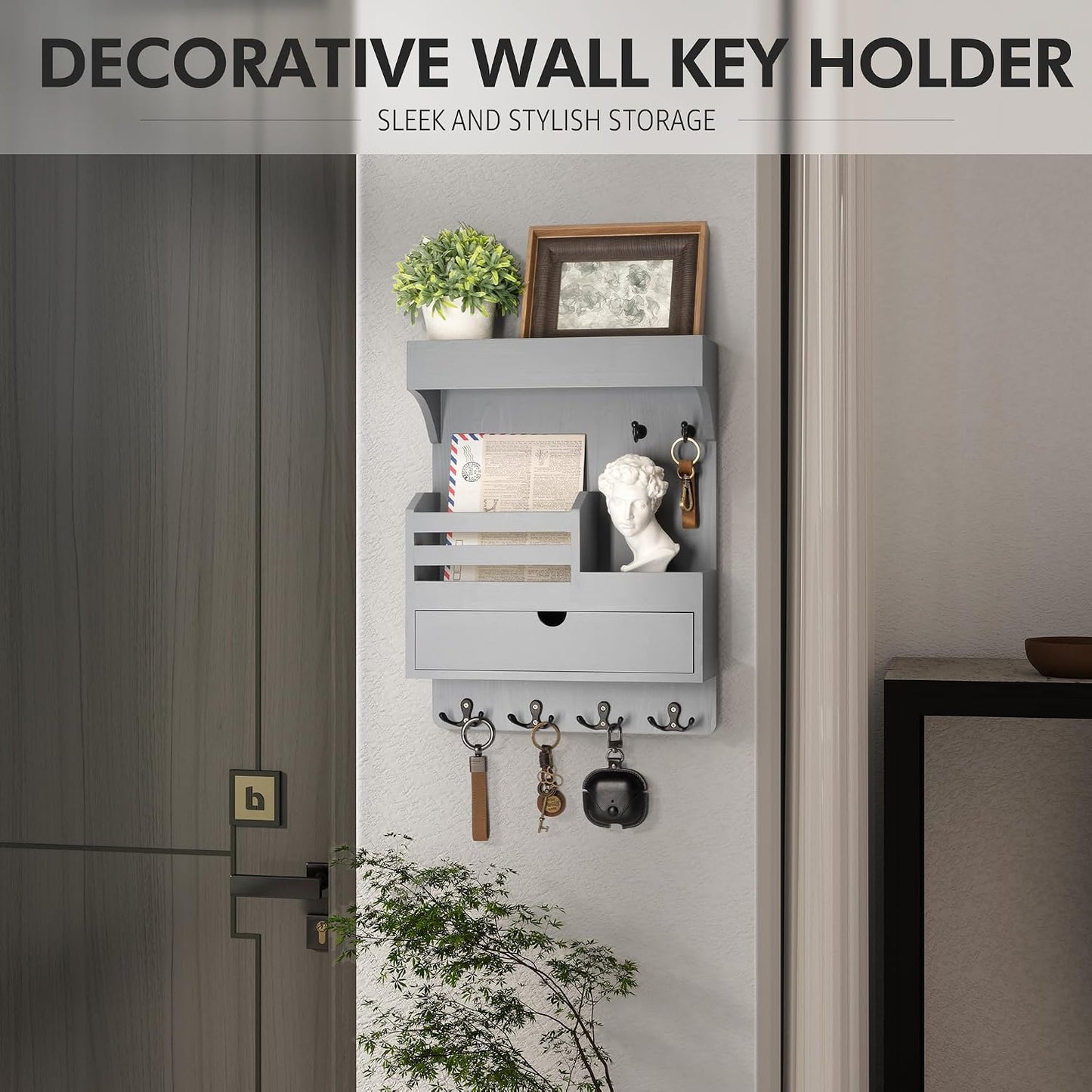 Rebee Vision Key Holder Wall Mount with Drawer Organizer for Entryway,Brown | Pine Wood, 6 Key Hooks, Display Shelf for Plants, Mail Slot for Storage Letter, Multi-Funtional Design, Home Storage