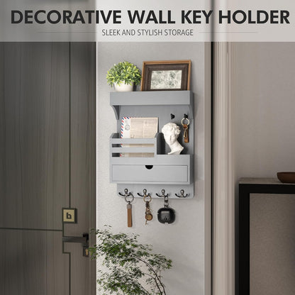 Rebee Vision Key Holder Wall Mount with Drawer Organizer for Entryway,Brown | Pine Wood, 6 Key Hooks, Display Shelf for Plants, Mail Slot for Storage Letter, Multi-Funtional Design, Home Storage