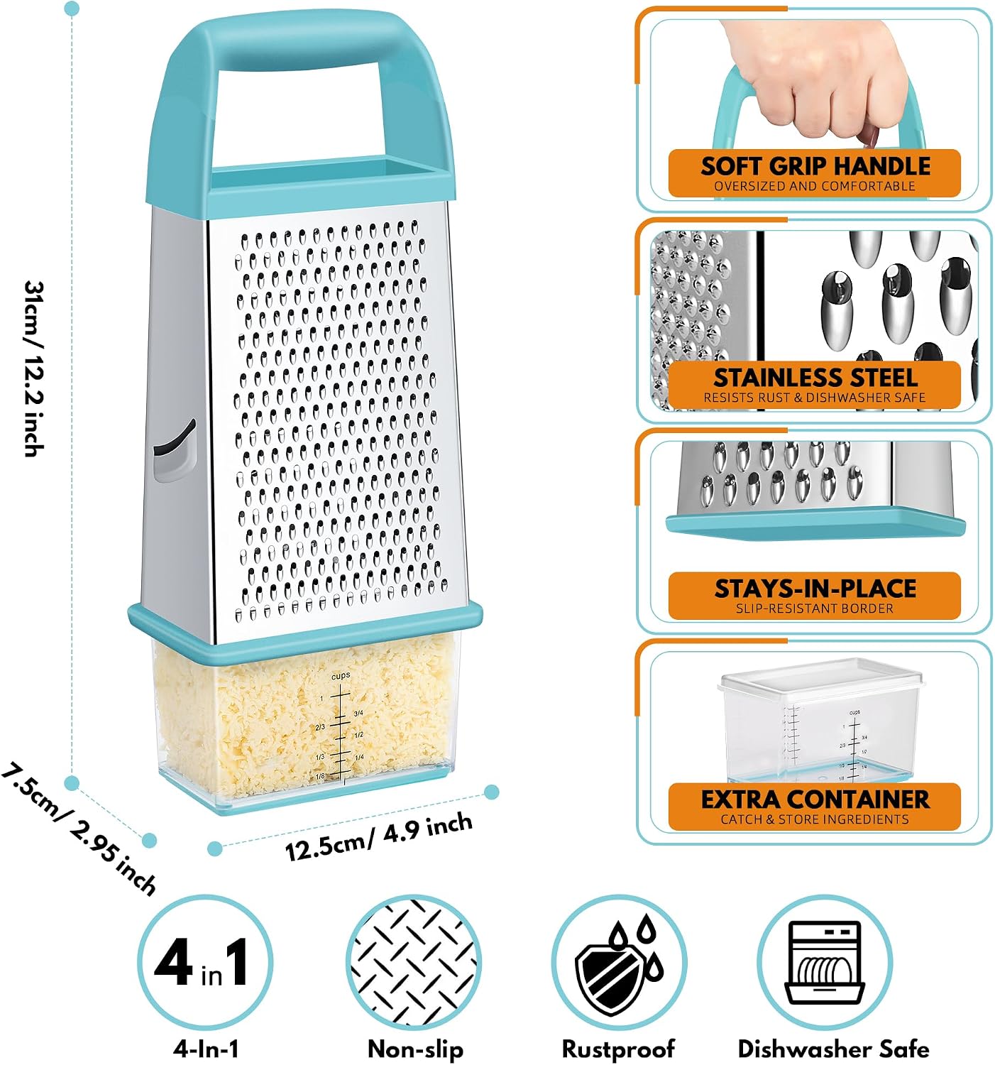 Urbanstrive Cheese Grater With Container Box Grater Stainless Steel Graters for Kitchen Cheese Shredder Parmesan Shredder Kitchen Gadgets Kitchen Tools Kitchen Gifts for Chef Dishwasher Safe Zester