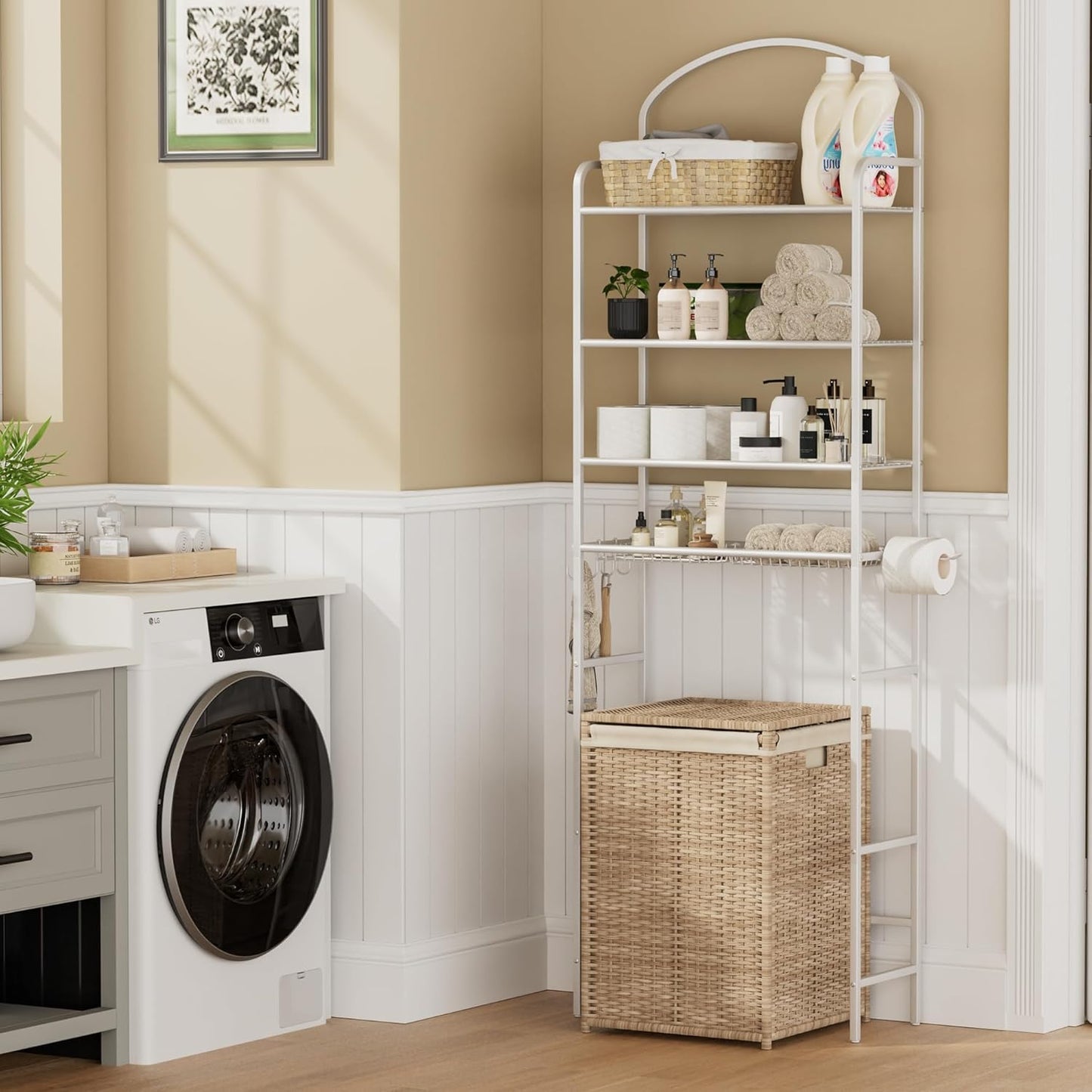 3 Tier Over The Toilet Storage Rack, Bathroom Organizer | Toilet Storage with 4 Hooks & Paper Holder, Space-Saving, Freestanding Bathroom Shelf, Metal, White