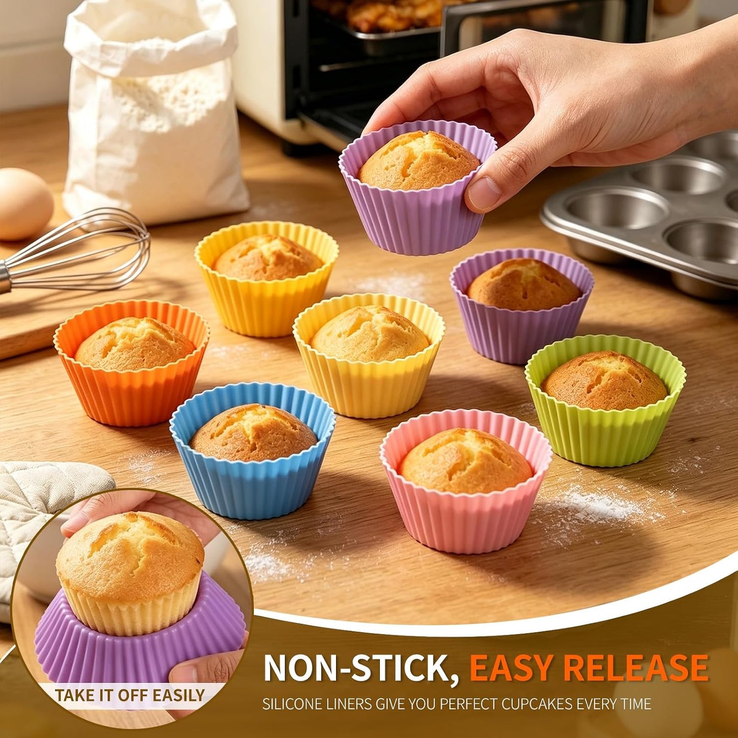 Muffin Liners, Silicone Muffin Cups for Air Fryer, 24 Pack Non-Stick Baking Liners for Parties Food Grade, 6 Bright Colors, Cupcake Holders, Easy to Clean, Sturdy and Durable, Used for Air Fryer