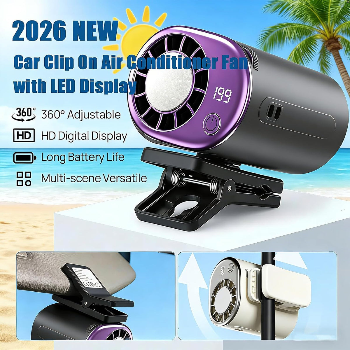 Clip On Air Conditioner Fan, 199 Speeds & 16°C Cooling (Purple)