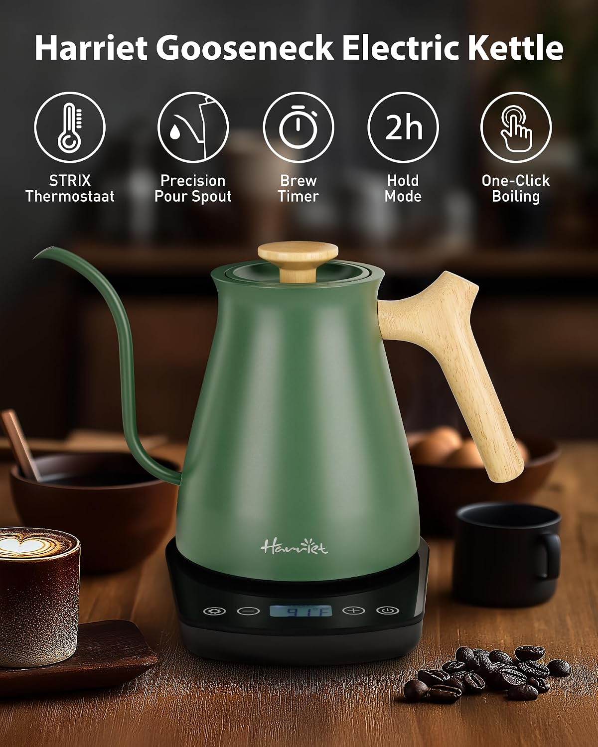 Harriet Gooseneck Electric Kettle for Pour Over Coffee, Variable Temperature, 1200W Fast Boil, Brew Timer, 2-Hour Keep Warm, Stainless Steel Interior, Wooden Handle