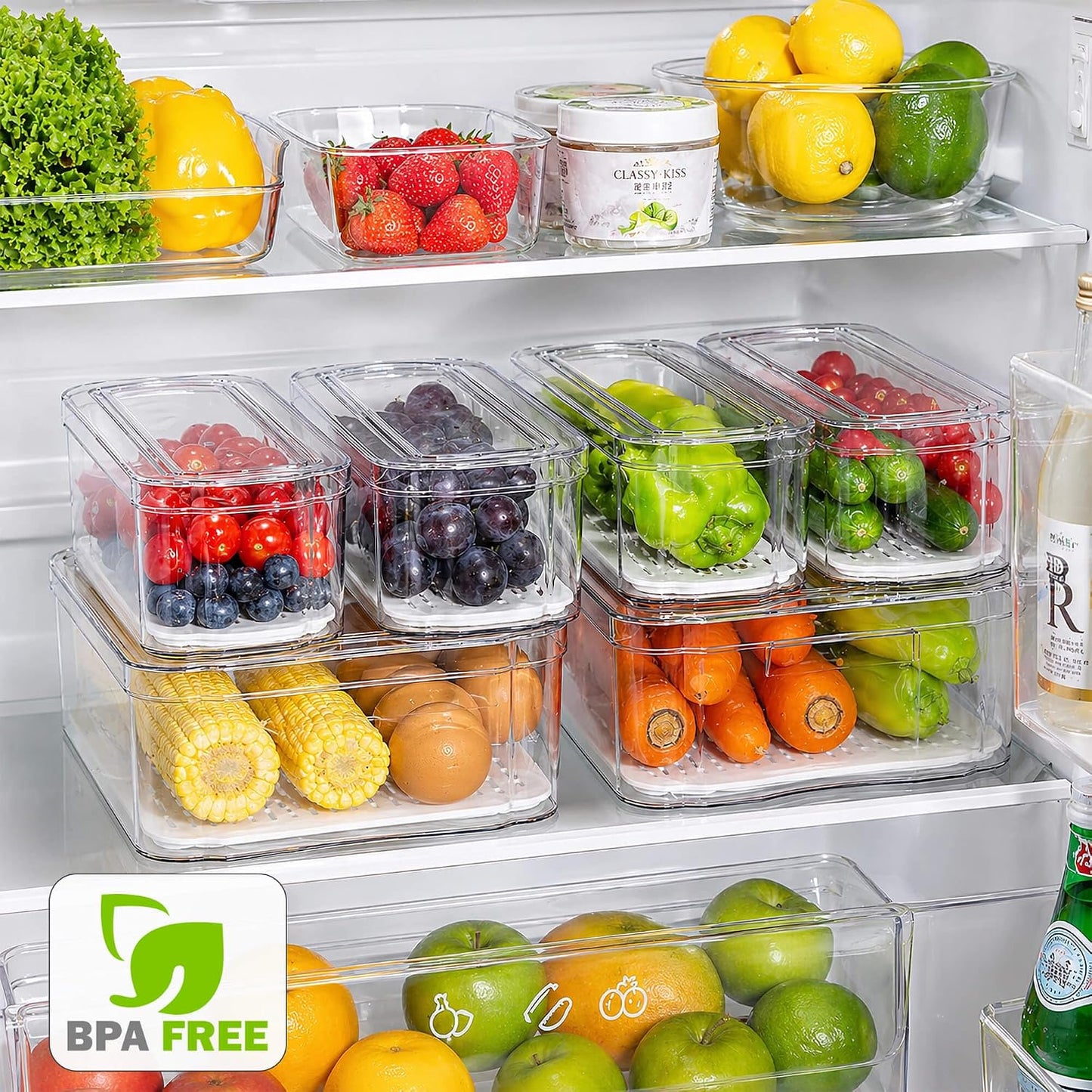 SMRCAD Clear Fridge Bins with Drain Trays - BPA-Free PET, Stackable(6 Pack) | 6 Pack: 1 Drawer + 5 lidded Bins, Helps Keep Produce Fresh, 16.3L Capacity, Hand Wash Only