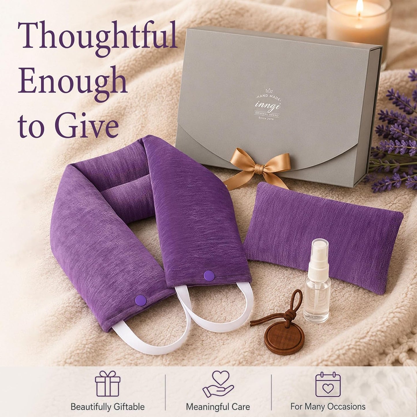 Premium Lavender Neck Wrap Set, Microwavable Heat Pad with Eye Pillow | Balanced lavender, salt, and buckwheat blend creates soothing neck warmth, warm or chilled use, and added tired-eye comfort.