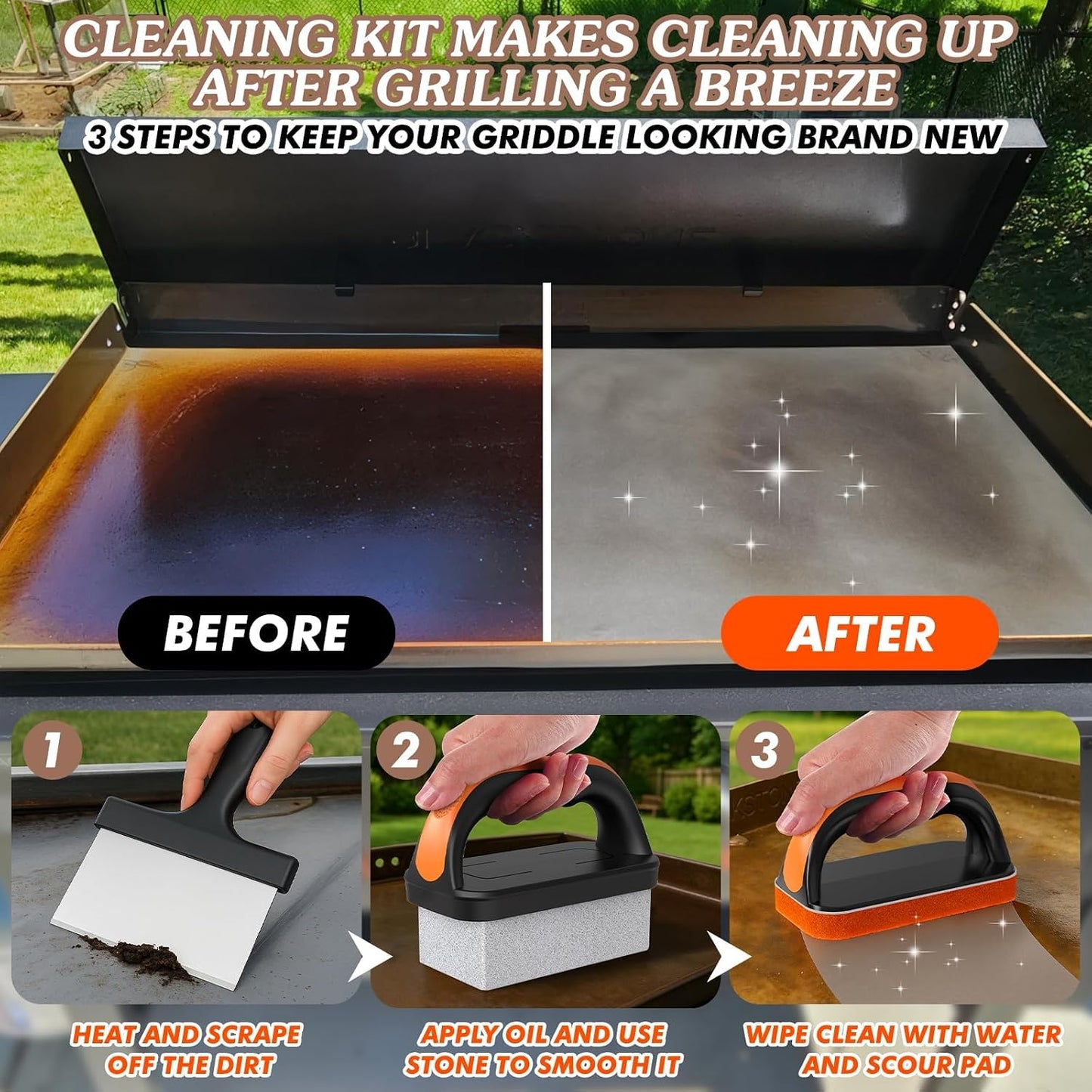 19 in 1 Griddle Cleaning Kit for Blackstone Accessory Cleaner Tool | Ergonomic Handle 12 Cleaning Pads 4 Grill Stone Griddle Scraper for Flattop Grill Cleaning, Easy to Remove Stain