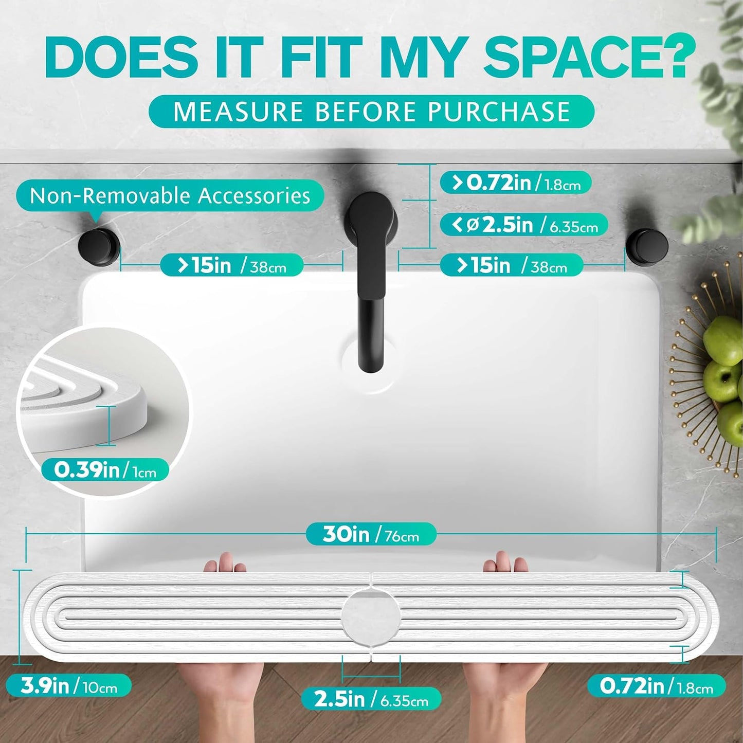 Stone Faucet Mat for Kitchen Sink – Diatomite Fast-Drying Stone Tray, Faucet Mat Sink Splash Guard, Decorative Sink Protector for Kitchen Bathroom Counter (Light Grey, 20''x3.9'')