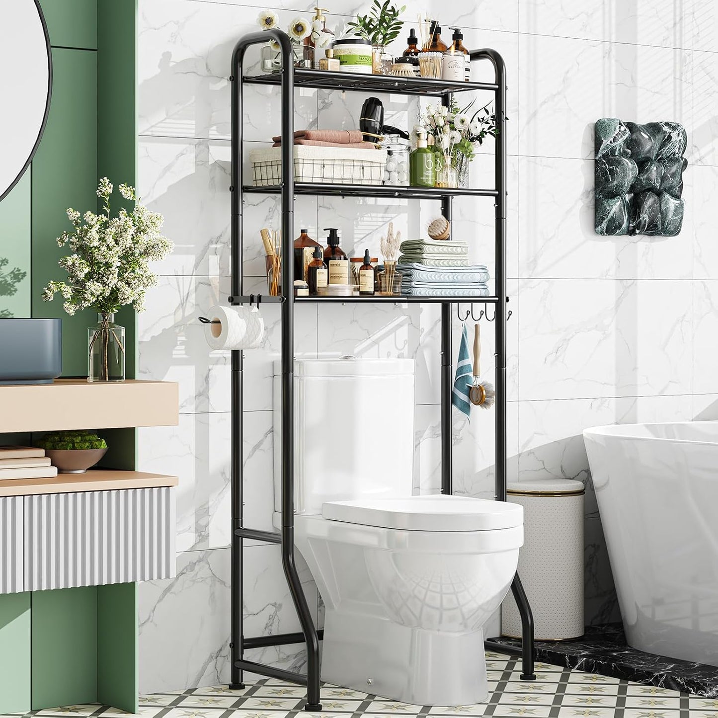 Simple Trending Over The Toilet Storage Cabinet, Metal Bathroom Shelf Organizer with Paper Holder and Hooks, 3 Tier, Black
