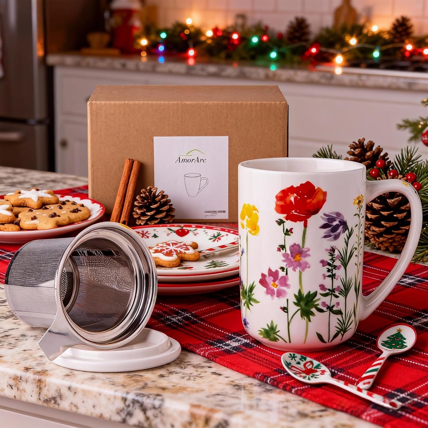 AmorArc Tea Cup With Infuser and Lid, 18oz Loose Leaf Tea Mug With Steeper | Porcelain Tea Mug With Infuser and Lid, Large Strainer Tea Cup with Lid for Tea, Coffee Mug for House-warming Birthday Gift