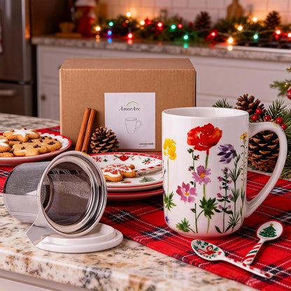 AmorArc Tea Cup With Infuser and Lid, 18oz Loose Leaf Tea Mug With Steeper | Porcelain Tea Mug With Infuser and Lid, Large Strainer Tea Cup with Lid for Tea, Coffee Mug for House-warming Birthday Gift
