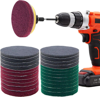 4 Inch 26 PCS Scouring Pads Drill Brush Power Scrubber Cleaning Kit | Hook and Loop Scrub Pads Drill Attachment with Accessories for Bathroom Scale Removal, Rust Removal, Metal & Tile Cleaning